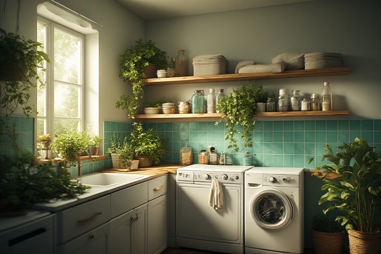 Laundry Room Ideas for Organized and Stylish Living 13 Laundry room with indoor plants, mint backsplash, and wood shelves.