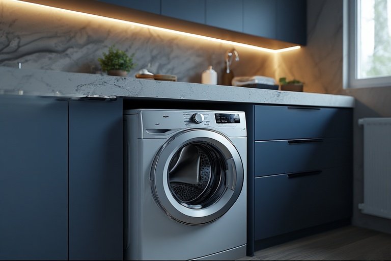 Laundry Room Ideas for Organized and Stylish Living 5 Laundry room with quartz countertop, navy cabinets, and modern lighting.