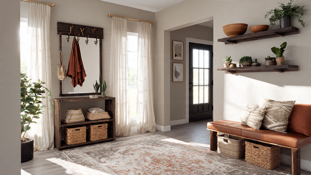 Modern functional entryway with rich wooden furniture, woven baskets, coat hooks, and stylish decor for everyday organization.
