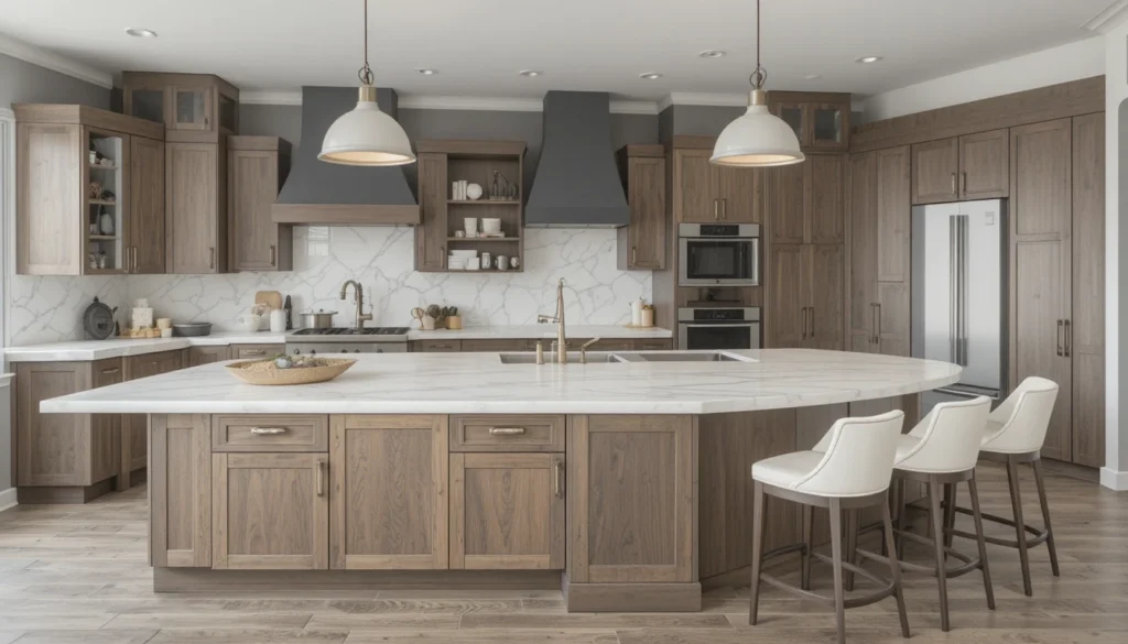 Modern Kitchen Design for Stylish Functional Living 10 Modern kitchen with a multifunctional island including built-in storage and seating.