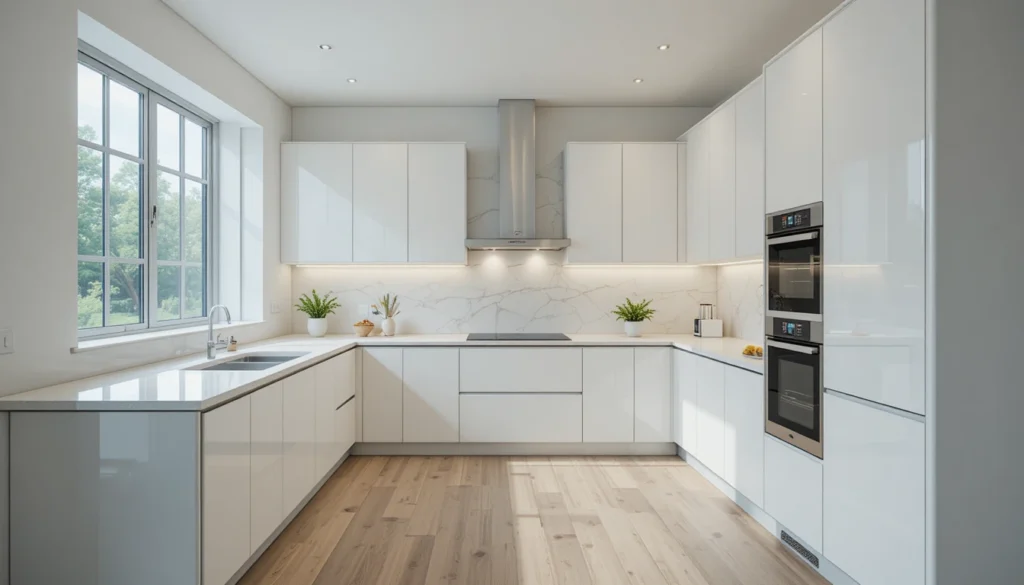 Modern Kitchen Design for Stylish Functional Living 3 L-shaped modern kitchen with white cabinets and efficient workflow between sink, stove, and refrigerator.