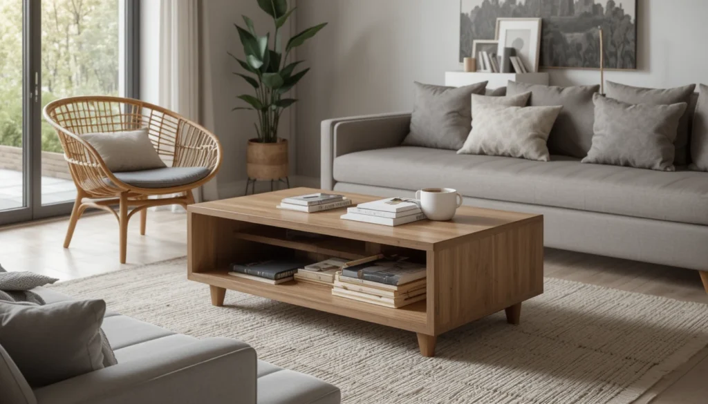16 Affordable Cozy Home Decor for Modern Interiors 5 Living room with multifunctional wooden and rattan furniture in modern style.