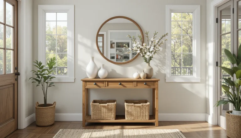Modern entryway with wooden console, round mirror, and neutral decor creating a warm, welcoming look.