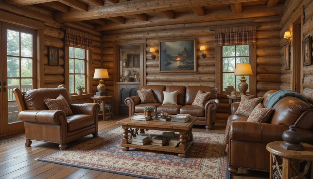 Rustic Cabin Interiors: Cozy Charm and Timeless Design Ideas 6 Rustic furniture with handcrafted details, leather seating, and cozy textiles in a cabin interior.