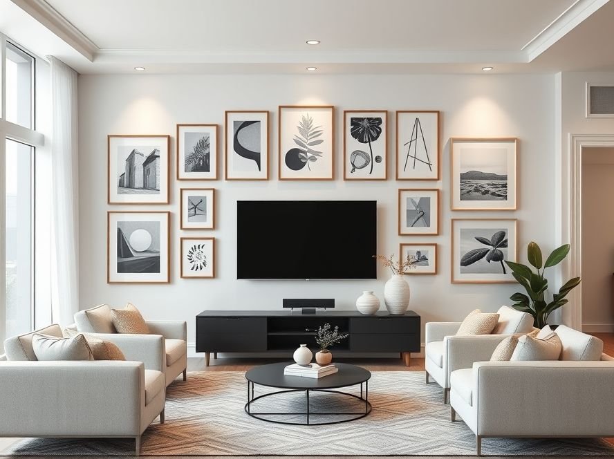 Modern Living Room TV Wall Ideas 8 Gallery wall around TV with framed art and modern neutral decor.