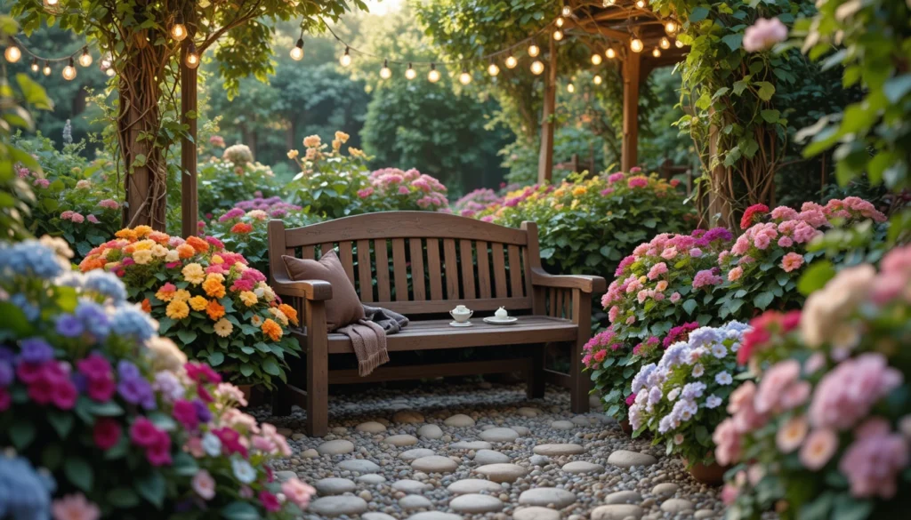 16 Creative DIY Ideas for a Modern Home Garden 6 Wooden garden bench surrounded by colorful flowers and pebble flooring.