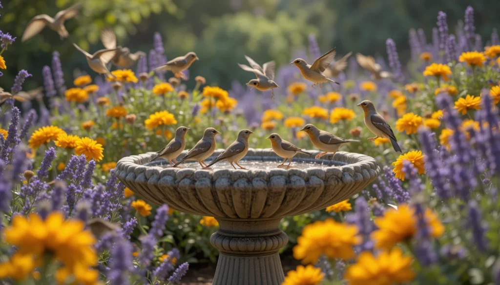 Backyard Water Features for a Serene Outdoor Escape 7 Stone bird bath surrounded by marigolds and lavender with birds gathering in sunlight.