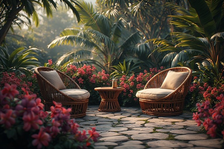 16 Creative DIY Ideas for a Modern Home Garden 12 Cozy garden lounge with rattan chairs, wooden table, and flowers.