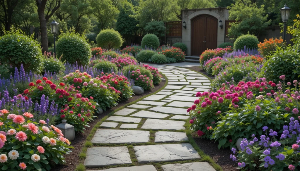 Home Garden Ideas for a Beautiful and Peaceful Outdoor Space 5 Curved stone pathway surrounded by colorful flowers and lush greenery.