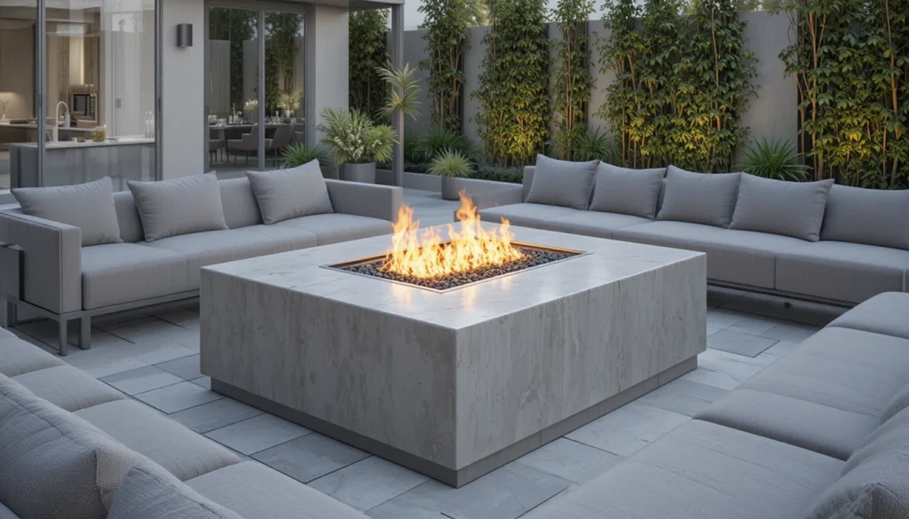 Cozy Patio Fire Pit Ideas for a Warm Outdoor Space 12 Gas-powered fire pit with minimalist seating on modern patio.