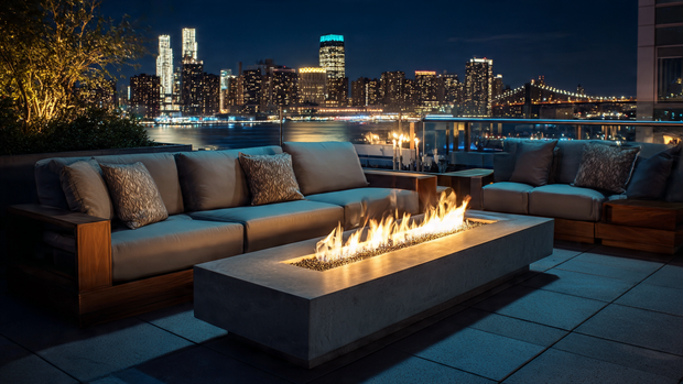 16 Cozy and Modern Backyard Fire Pit Ideas 5 Contemporary gas fire pit table with modern seating and city night view.