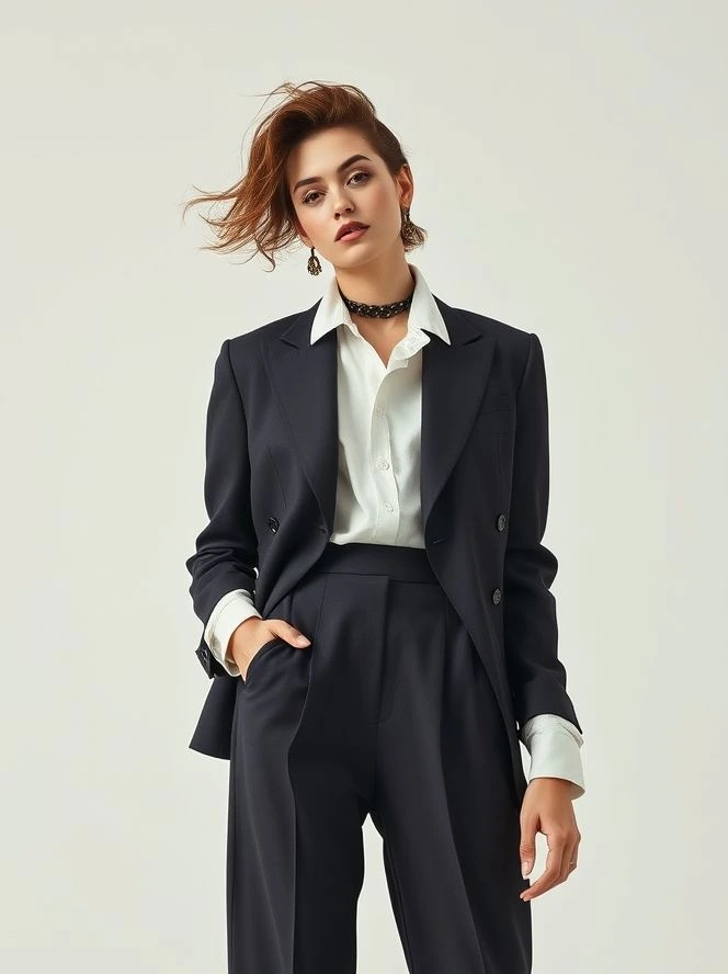 Street Style 2025: The Ultimate Guide to Modern Urban Fashion 9 A model wearing an androgynous outfit combining a tailored blazer and flowy trousers, representing the 2025 gender-fluid fashion trend.