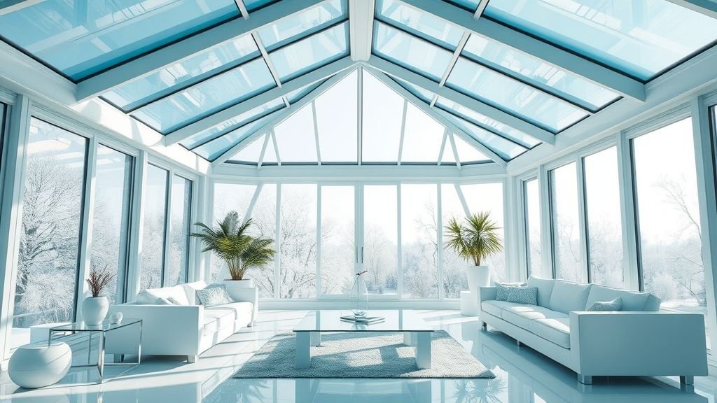 Sunroom Design Ideas for Bright and Relaxing Spaces 12 modern sunroom with glass ceiling and ice-blue color palette