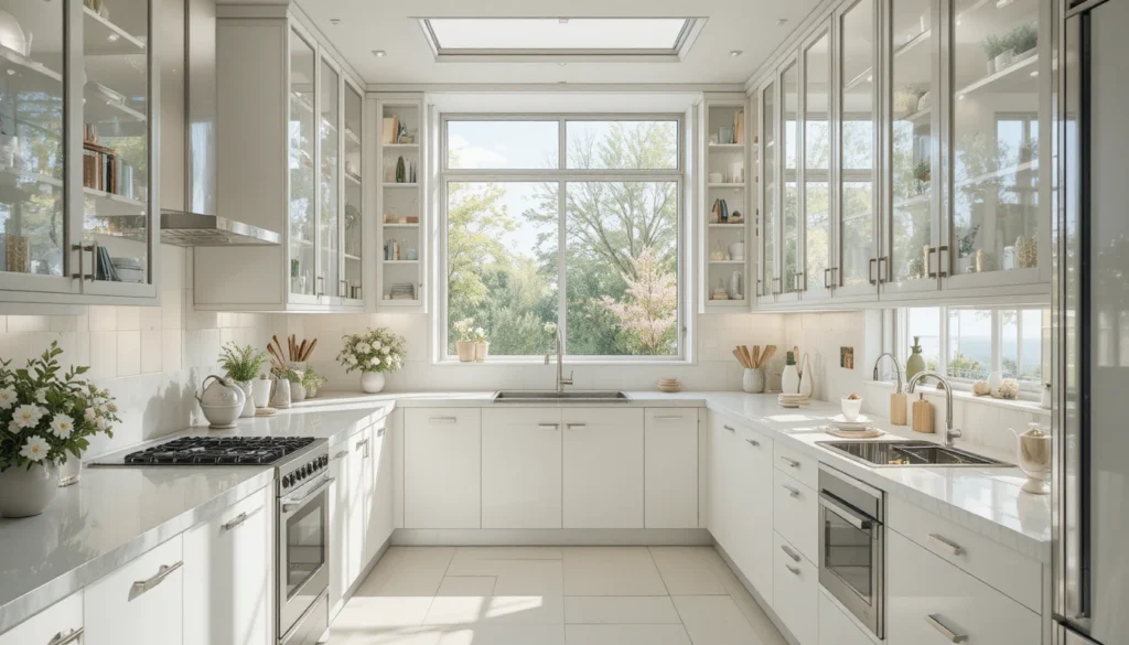 Modern Kitchen Design for Stylish Functional Living 11 Airy kitchen with glass cabinets and partitions that enhance openness and natural light.