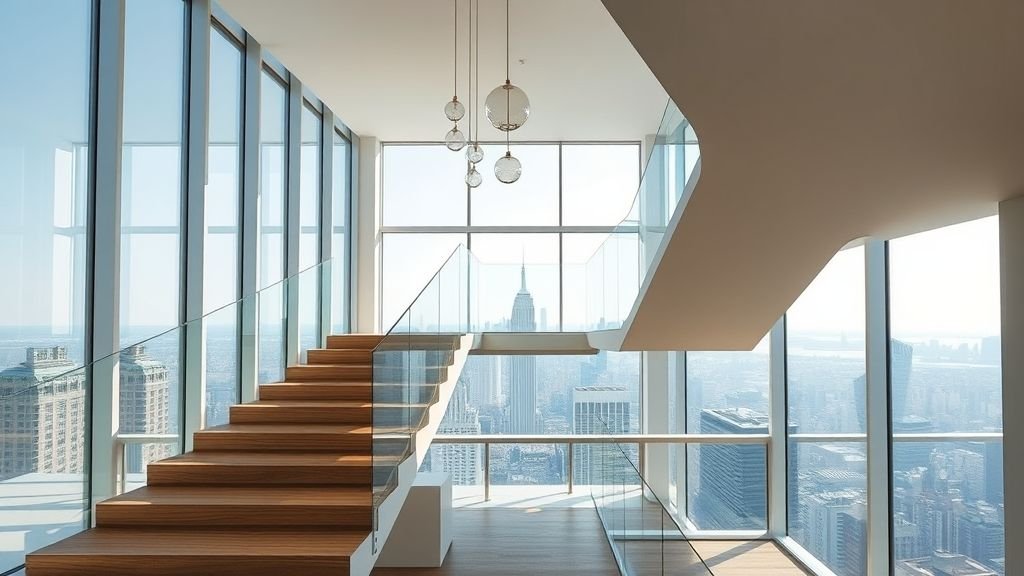 Staircase Design Ideas to Transform Your Home 5 Floating oak staircase with transparent glass railings and panoramic city view.
