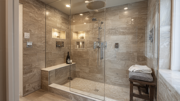 16 Luxurious Bathroom Design Ideas for a Spa-Like Retreat 5 Modern walk-in glass shower with rainfall showerhead and beige stone tiles.