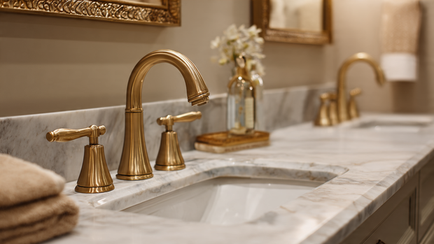 16 Luxurious Bathroom Design Ideas for a Spa-Like Retreat 6 Elegant brushed gold fixtures on a marble vanity in a luxury bathroom.