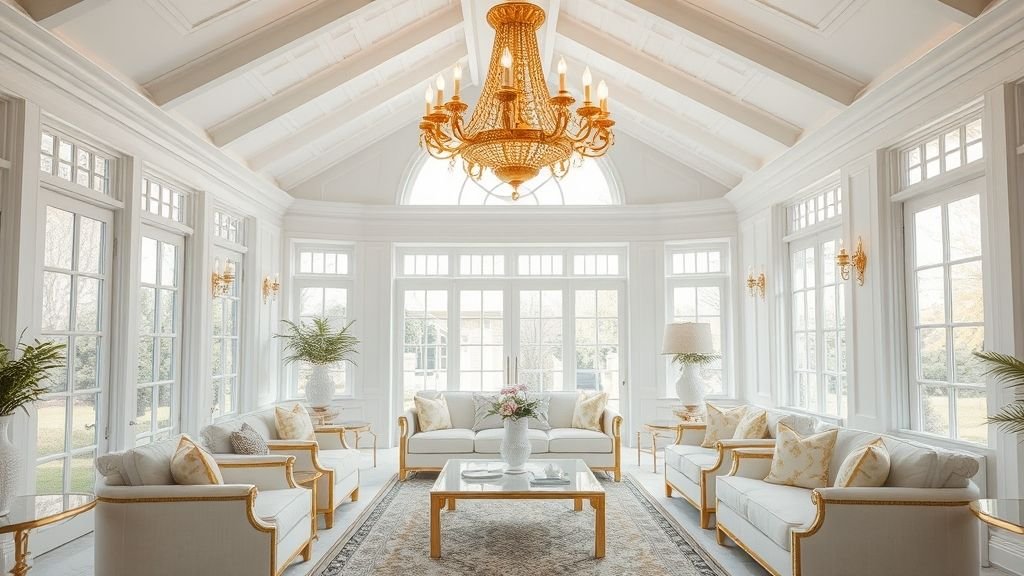Sunroom Design Ideas for Bright and Relaxing Spaces 7 elegant white sunroom with gold chandelier and gold-accented decor
