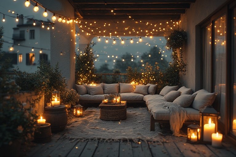 Balcony Ideas Apartment: Transform Your Outdoor Space 7 Apartment balcony at night with golden fairy lights, lanterns, and cozy seating.