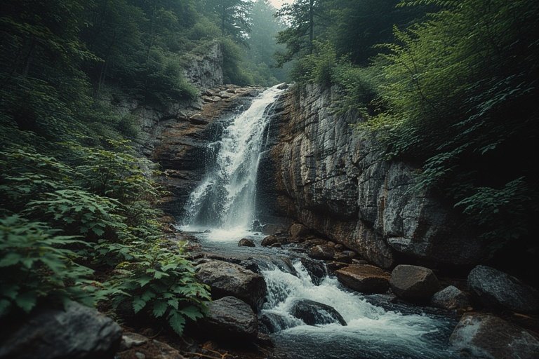 Waterfall Ideas for Hillside Landscapes 3 Granite stone waterfall on a hillside surrounded by native rocks and green ferns.