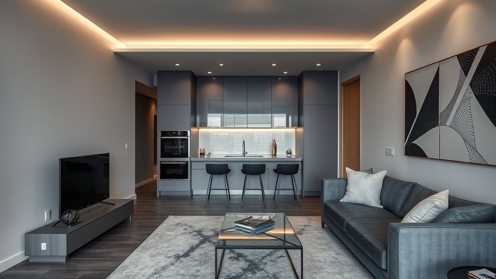 Home Decor Ideas for a Stylish and Inviting Space 5 Stylish gray and charcoal apartment interior with metallic details and glass accents.