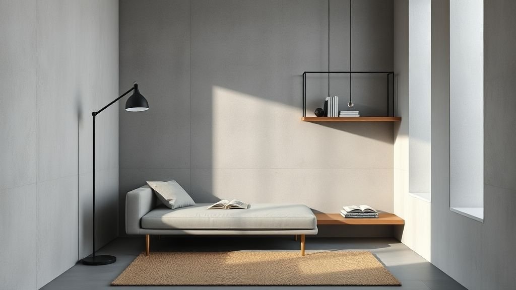 Cozy Reading Nook Ideas for a Peaceful Escape 4 Minimalist gray reading nook with lamp, shelves, and jute rug.