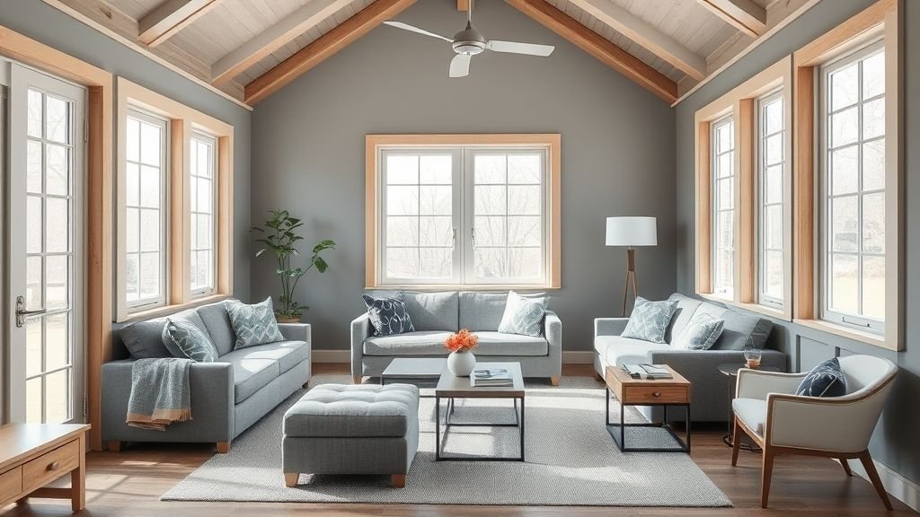 Sunroom Design Ideas for Bright and Relaxing Spaces 8 gray and oak modern sunroom with multifunctional furniture and sunlight