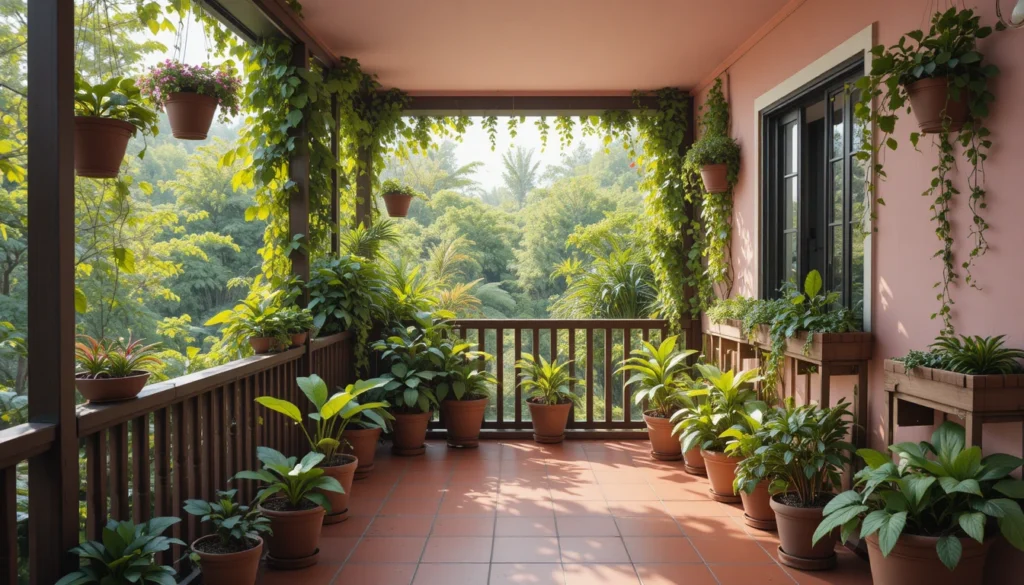 Beautiful Balcony Ideas for Every Home 3 Living room with dark wood shelves, lush green plants, red floor, and pink ceiling for a natural look.