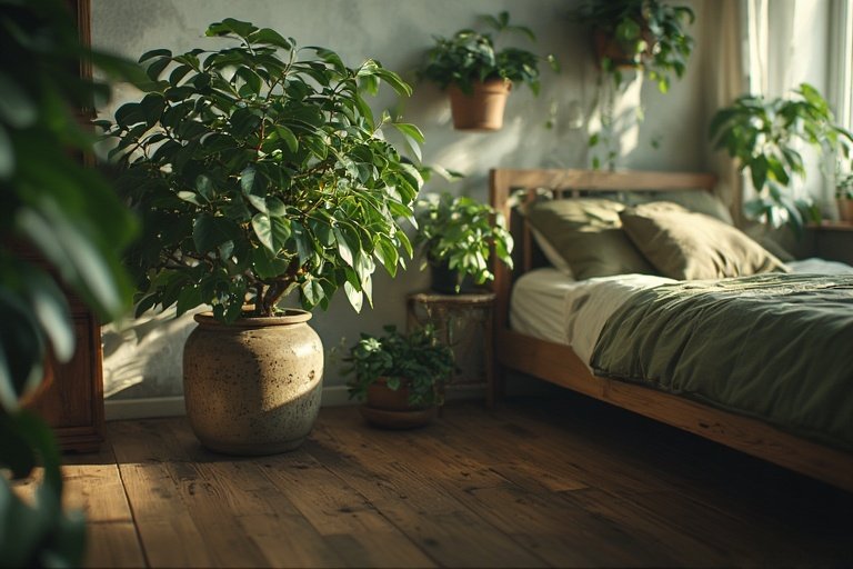 Plant Lover Bedroom Ideas: Bring Nature Into Your Sleep Sanctuary 3 Bedroom with a large fiddle-leaf fig as a green focal point surrounded by smaller plants.