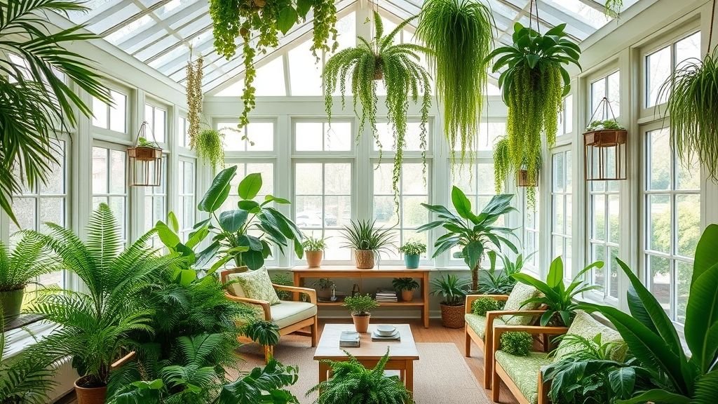 Sunroom Design Ideas for Bright and Relaxing Spaces 5 sunroom with green indoor plants and natural wood furniture