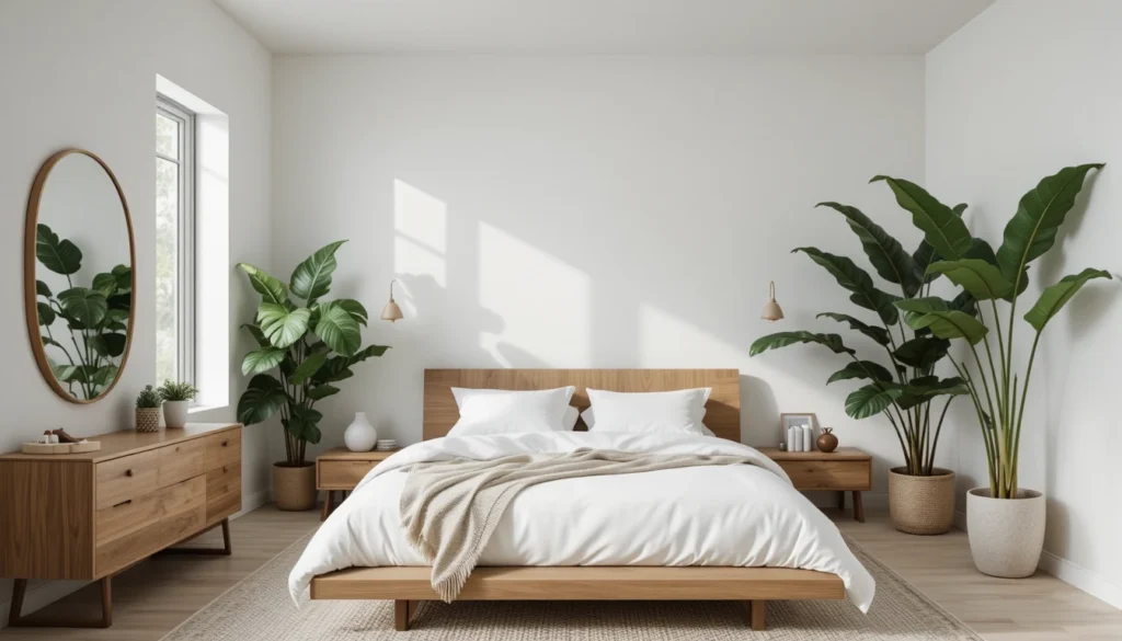 Modern Plant Lover Bedroom Ideas for a Serene Escape 2 Modern minimalist bedroom with tropical plants and wooden furniture.