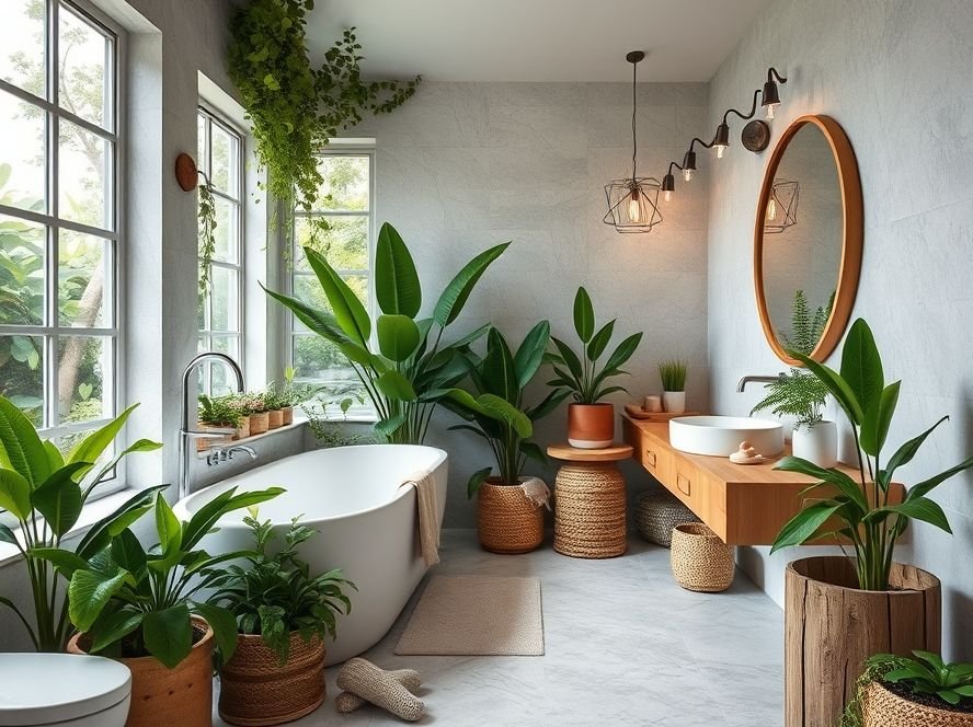 Bathroom with greenery, wooden accents, and natural touches for a calming effect.