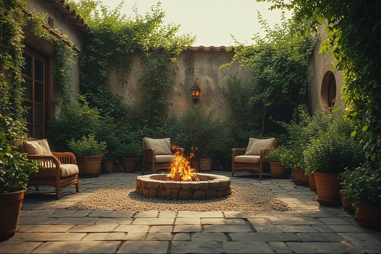 Cozy Patio Fire Pit Ideas for a Warm Outdoor Space 9 Fire pit surrounded by garden plants and rattan furniture.
