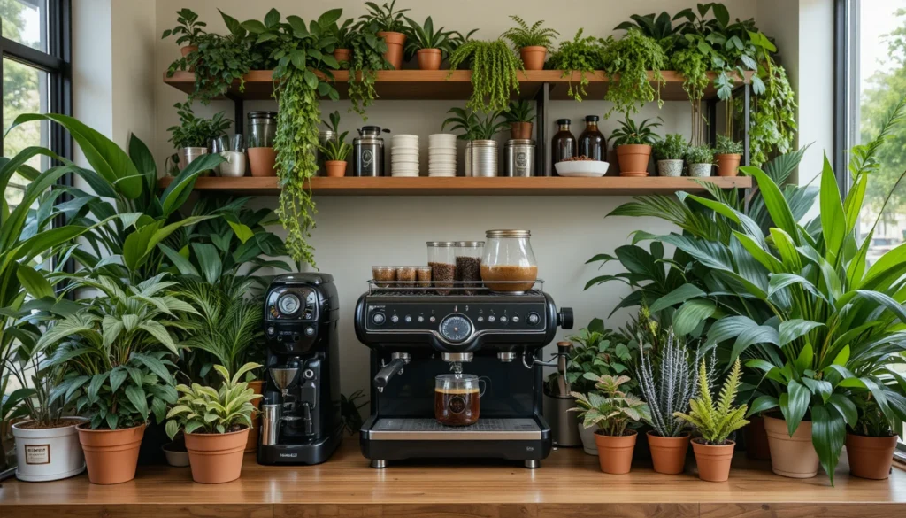 Coffee Bar Ideas for a Stylish and Cozy Home Setup 7 Home coffee bar surrounded by green plants and natural light.