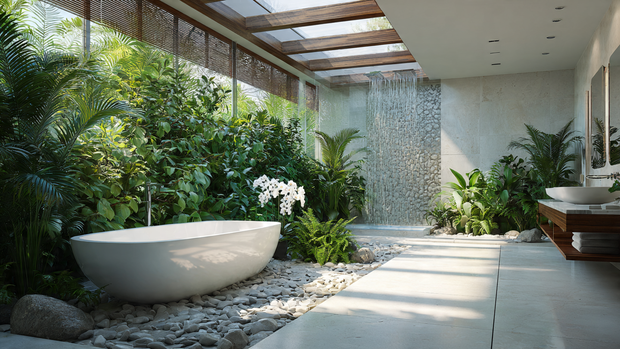 16 Luxurious Bathroom Design Ideas for a Spa-Like Retreat 11 Fresh spa bathroom decorated with lush green plants for a calming atmosphere.