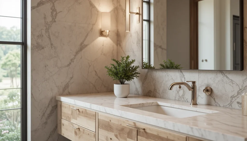 16 Bold and Beautiful Bathroom Vanity Ideas for Apartments 17 Wooden vanity with greenery and stone countertop in serene apartment bathroom.