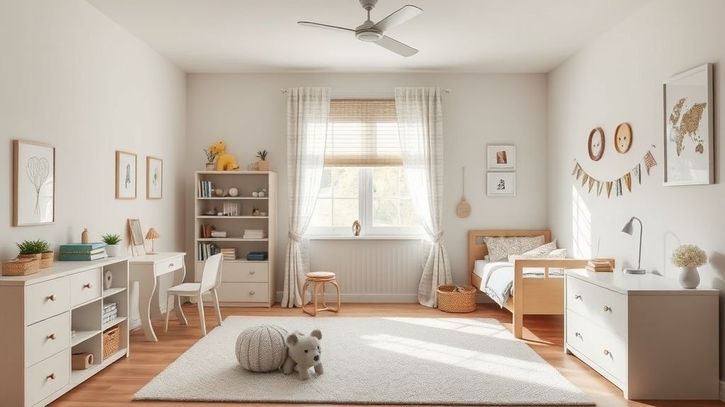 Kids’ room with neutral design and adjustable furniture for growing needs.