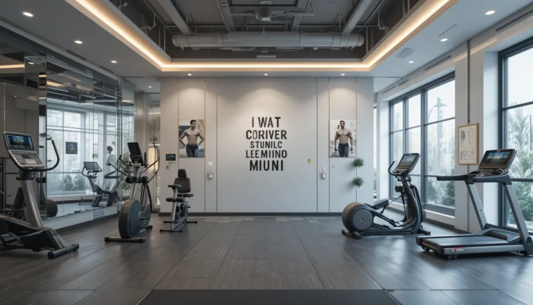 Modern home gym decor with mirrors, motivational wall art, and stylish lighting in a clean, organized space.