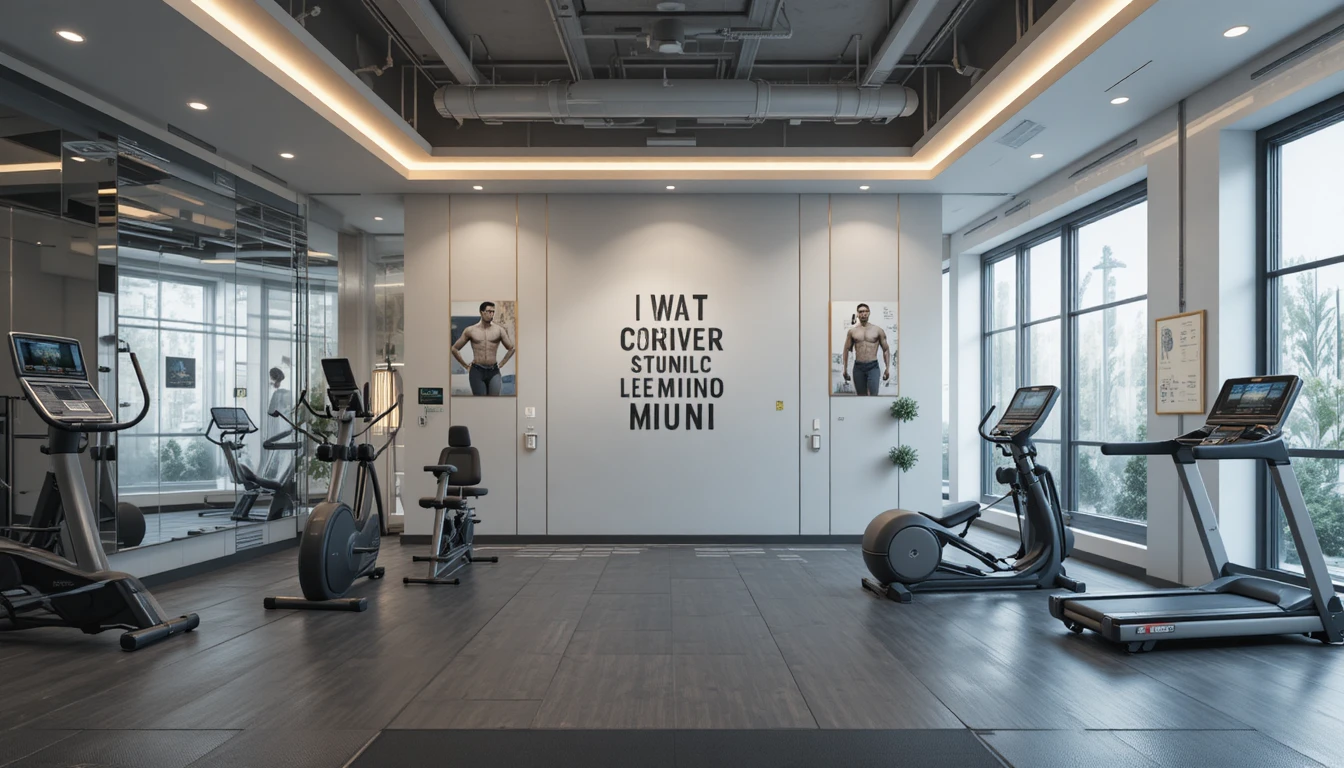 Modern home gym decor with mirrors, motivational wall art, and stylish lighting in a clean, organized space.