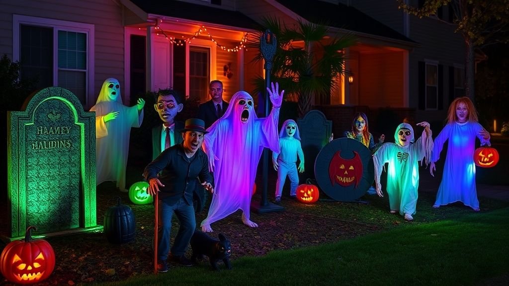 Halloween Outdoor Decoration Ideas for a Spooky Home 11 Animated Halloween props like moving zombies and shaking tombstones in a spooky yard.