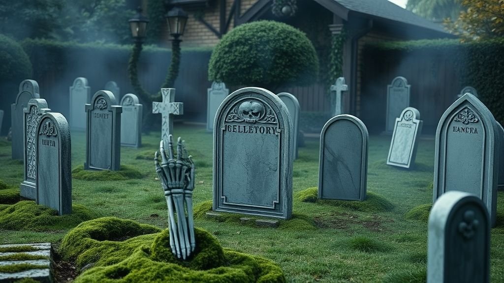 Halloween Outdoor Decoration Ideas for a Spooky Home 8 Halloween graveyard scene with tombstones, skeletons, and eerie fog.