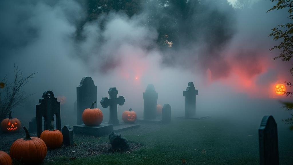 Halloween Outdoor Decoration Ideas for a Spooky Home 12 Fog machine creating eerie mist over Halloween pumpkins and gravestones.