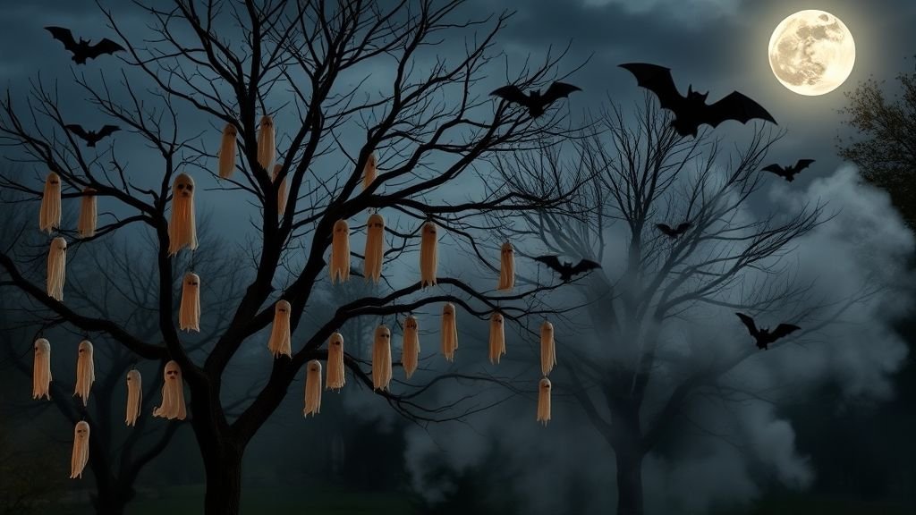 Halloween Outdoor Decoration Ideas for a Spooky Home 6 Hanging ghosts and bats swaying from trees in a moonlit Halloween yard.