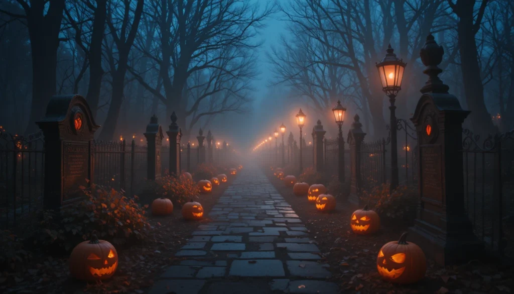 Halloween Outdoor Decoration Ideas for a Spooky Home 3 Foggy Halloween path lined with pumpkins, tombstones, and eerie glowing lights.