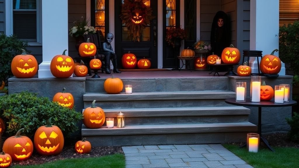 Halloween Outdoor Decoration Ideas for a Spooky Home 7 Halloween pumpkins glowing with carved faces and warm candlelight.