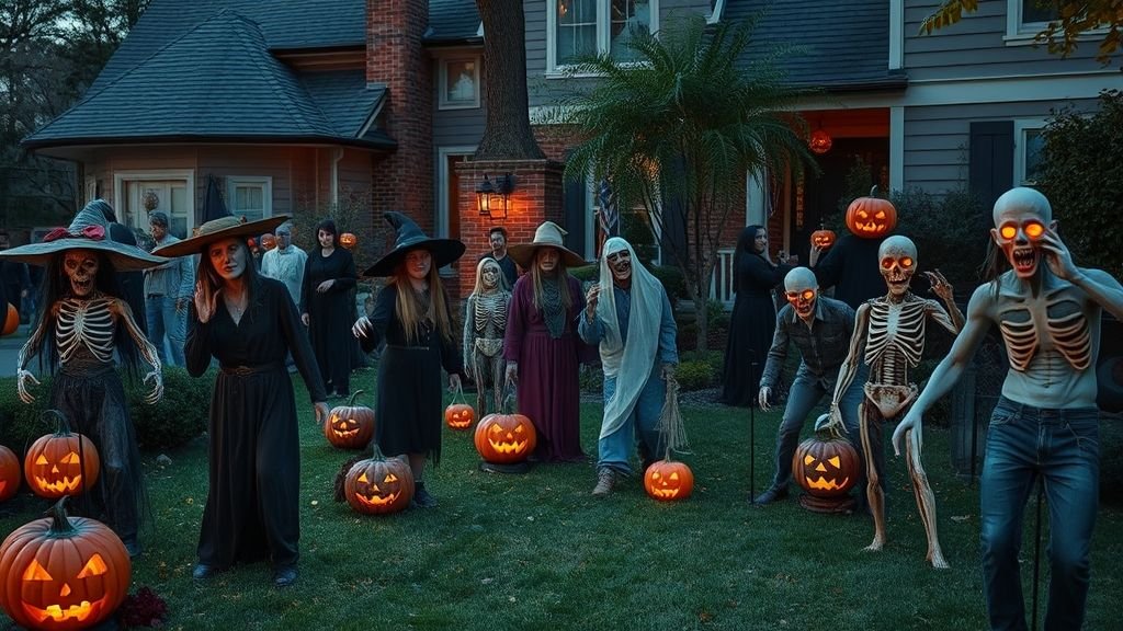 Halloween Outdoor Decoration Ideas for a Spooky Home 5 Life-sized Halloween ghouls and witches decorating a haunted front yard.