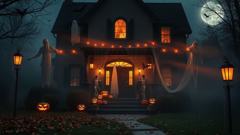 Spooky Halloween outdoor decorations with pumpkins, fog, skeletons, and eerie lighting around a haunted house.