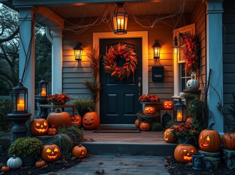 Halloween porch and outdoor decorations with pumpkins, lanterns, cobwebs, and moody lighting.