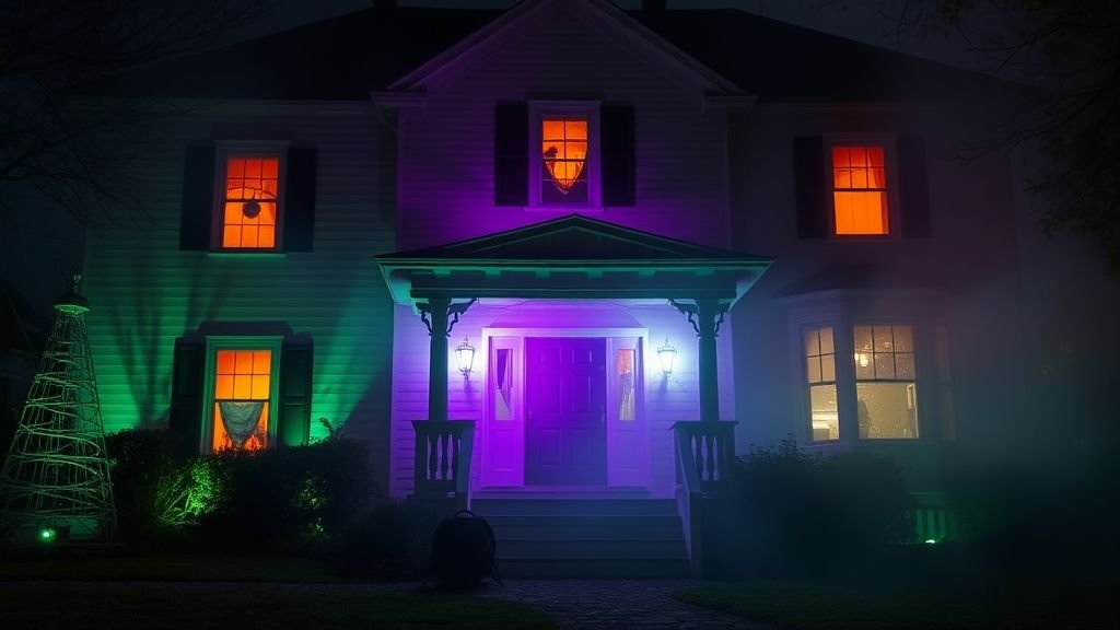 Halloween Outdoor Decoration Ideas for a Spooky Home 4 House with eerie green, orange, and purple lighting casting haunting shadows.