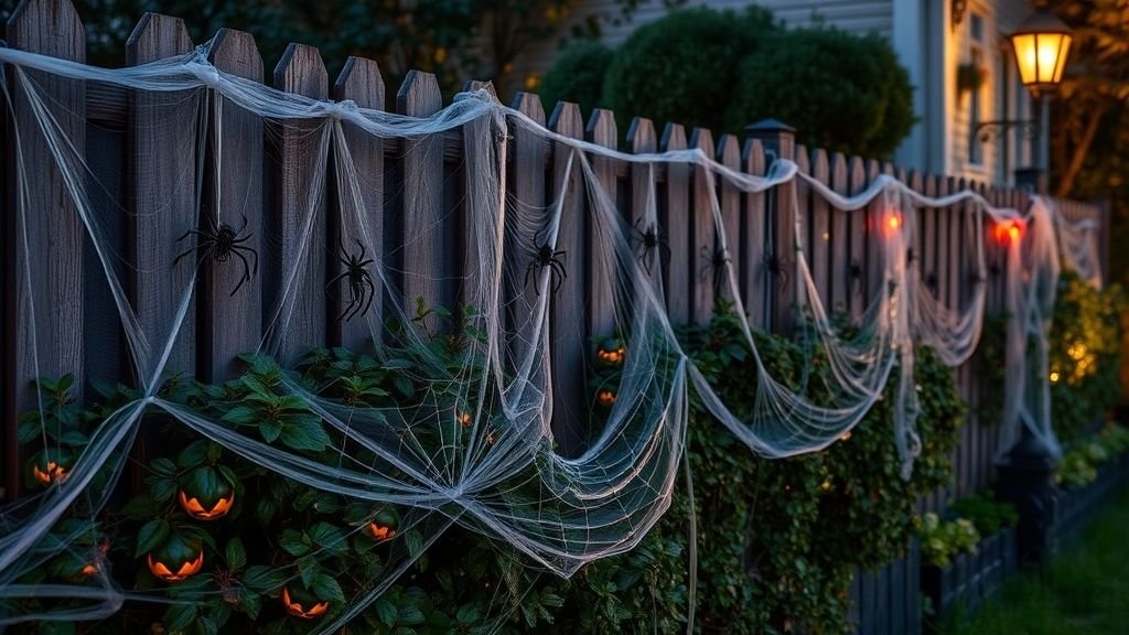 Halloween Outdoor Decoration Ideas for a Spooky Home 9 Spider webs with plastic spiders spread across bushes and fences for Halloween.